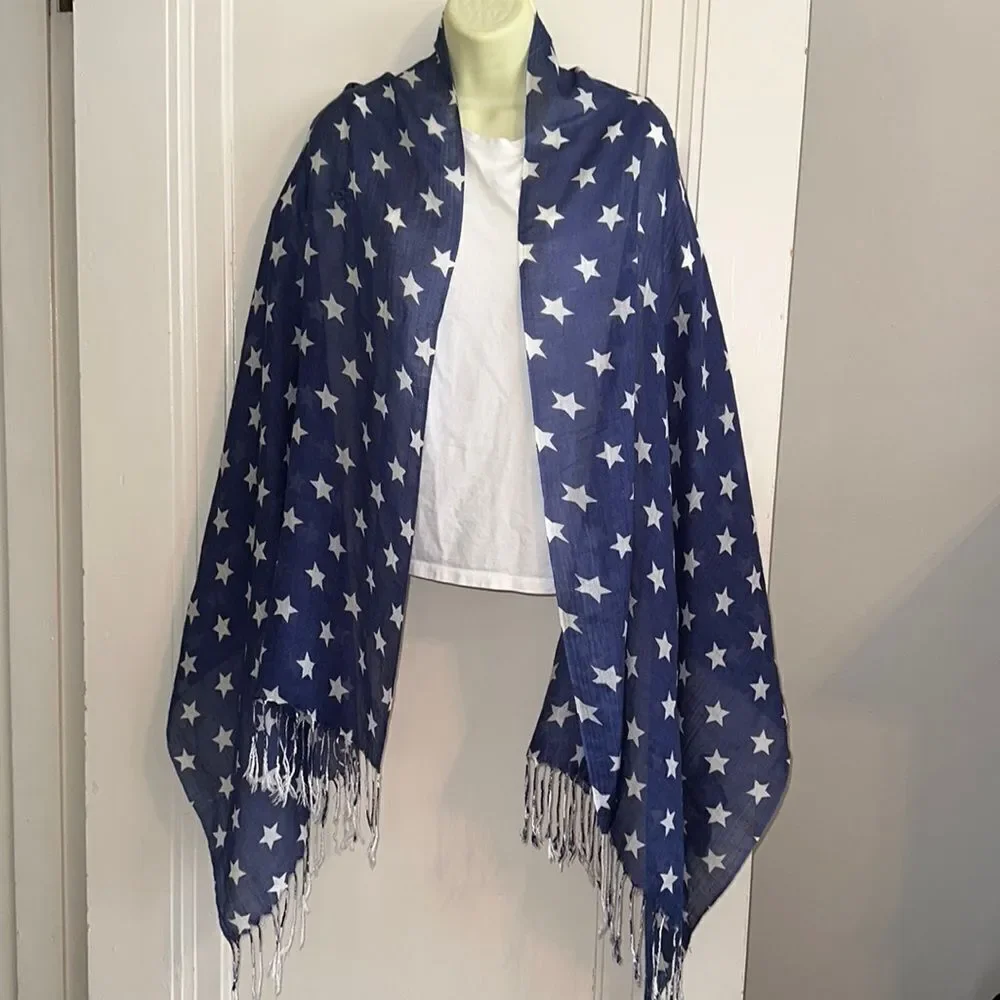 Thin blue shawl/wrap with white stars & fringe‎ hem